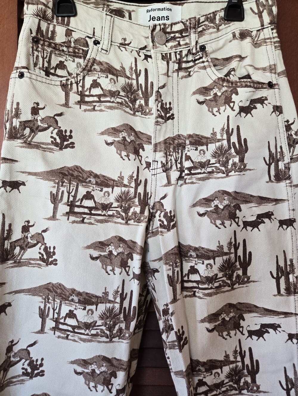 Reformation Sonora High Rise Straight Jeans Cowboy Toile Western Print Size 24 - Picture 5 of 10